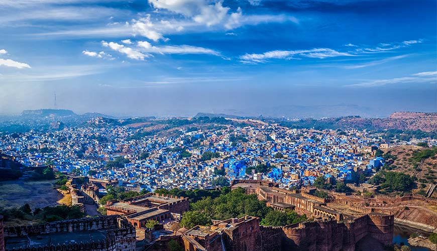 view from the ancient fort of johdpur to see the blue houses of the city below