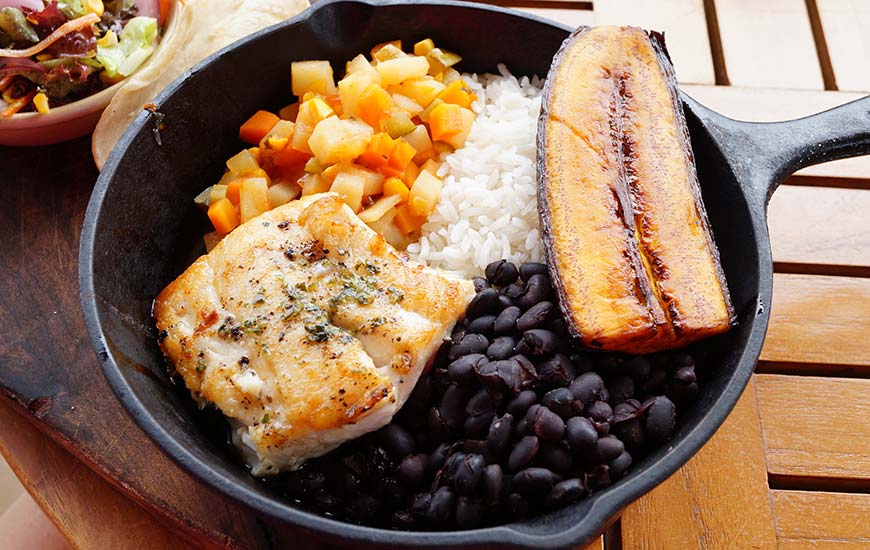 costa rican food of casado with fish rice beans and plantain