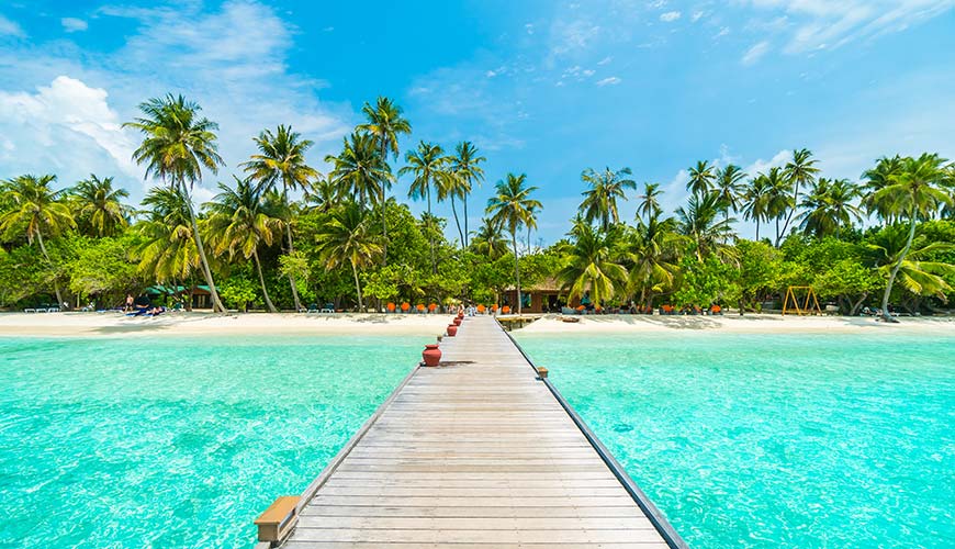 Looking down a wooden boardwalk towards the beach in Sri Lanka and the Maldives tour