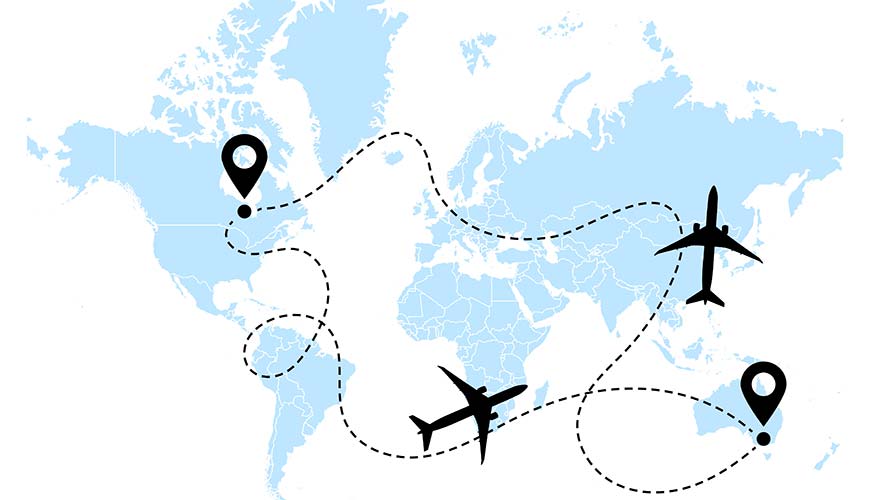 world map with marked locations and planes connecting the marked destinations, travelling on a budget