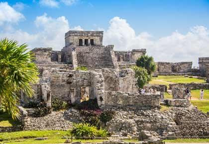 Tulum archeological ruins are Mayan ruins near the carribean sea on the coast of mexico