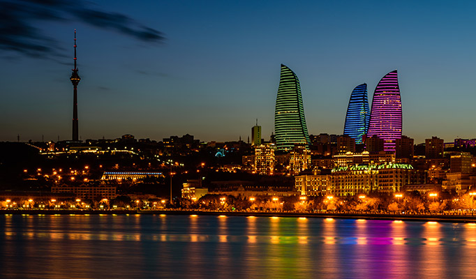 The three Flame Towers in the Baku skyline at night