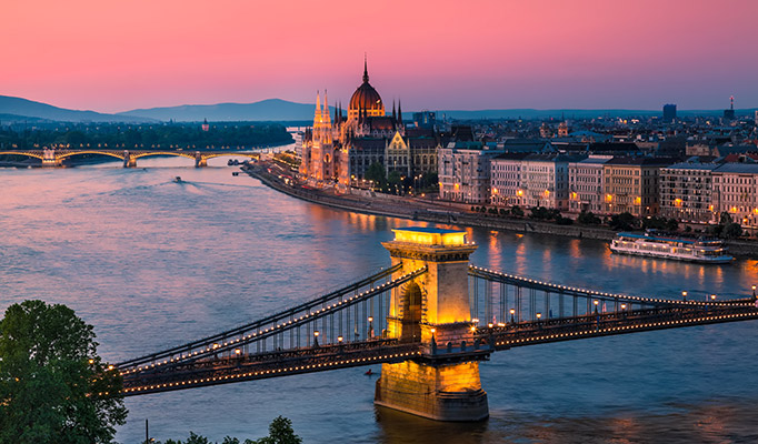 Romantic evening view of River Banks of Danube in Budapest, Hungary
