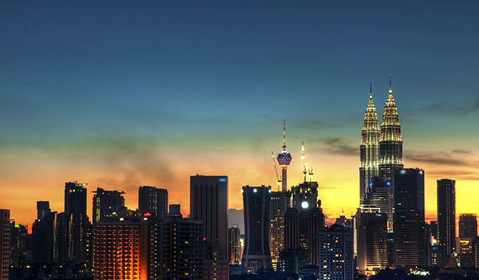 The skyline of Kuala Lumpur in Malaysia with the famous Petronas Towers