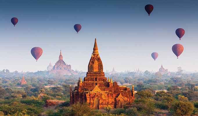 Hot air balloons in Bagan, Myanmar Bagan in Myanmar is one of the best places to travel in June