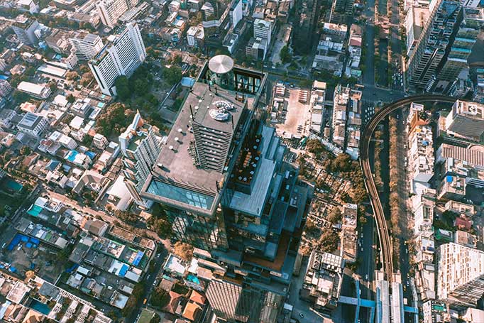 Image of an aerial view of the Mahanakhon Tower and Rooftop Bar in Bangkok Thailand