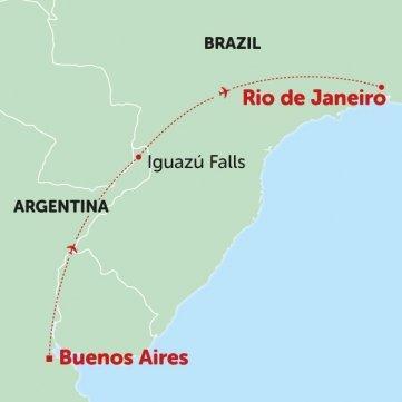 Image of map showing Tucan Travel's Buenos Aires to Rio Express small group tour