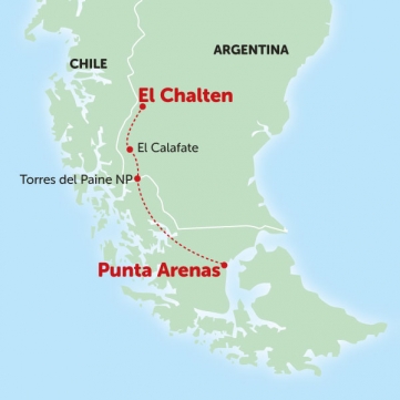 Image showing the map of Tucan Travels group tour to Patagonia
