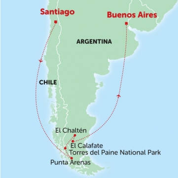 Map showing Patagonia small group tour