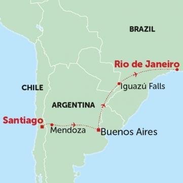 map showing the Tucan Travel Highlights of Argentina and Brazil small group tour