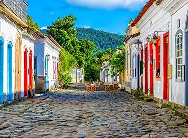 cobbled streets and colourful buildings in paraty brazil