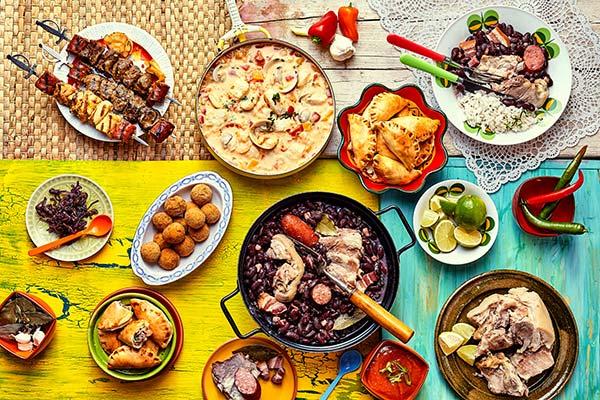 Traditional food spread in Brazil table spread of traditional food and drink in brazil
