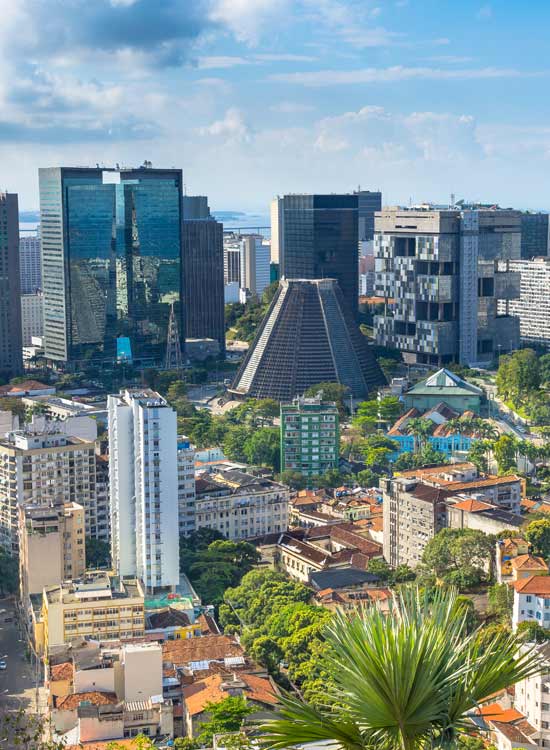 Downtown business district of of Centro downtown rio de janeiro with cathedral buildings and lapa arches surrounded by the city's business center