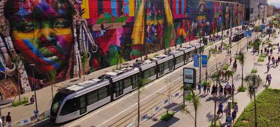 Rio's downtown tram passing through transport in rio de janeiro city is commonly used by tourists trying to vsot all the famous landmarks and incredible beaches