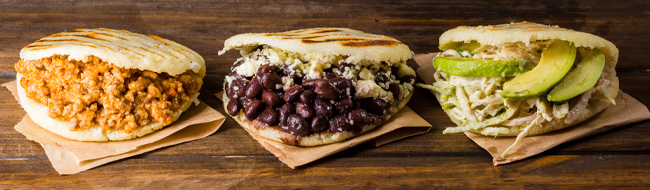 An example of some of the delicious fillings available with Colombian arepas