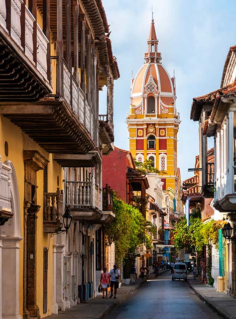 Church tower in Cartagena old centre of cartagena looking to the yellow painted church tower