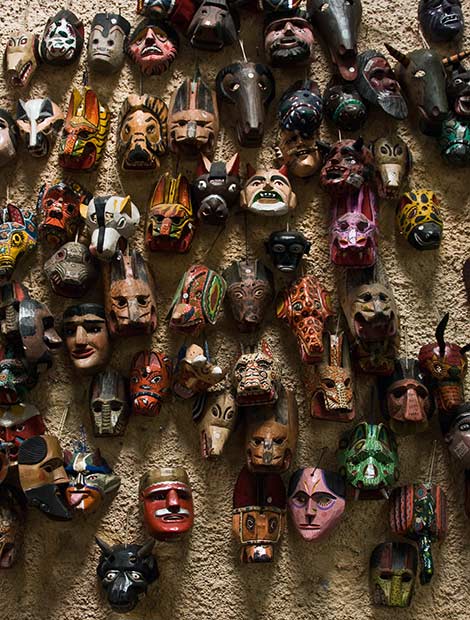 Fiestas de los Diablitos Wall of handpainted and handcrafted traditional masks in Costa Rica for the Fiesta de los Diablos festival