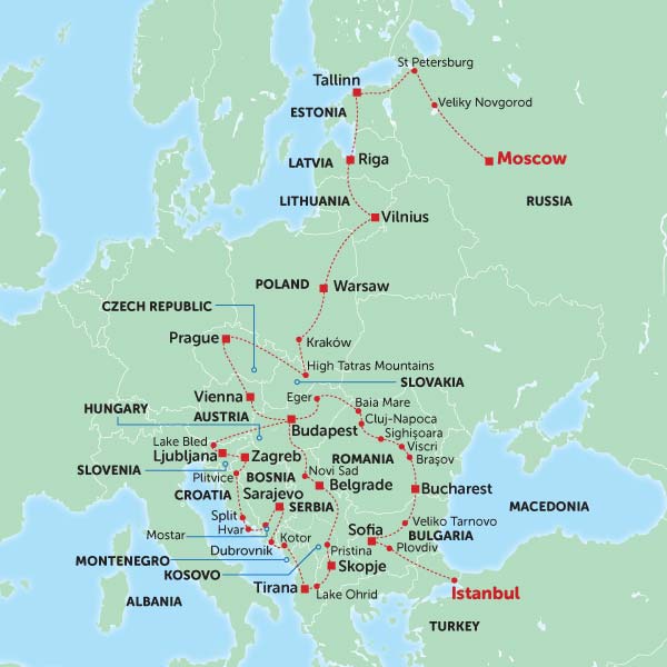 Map showing the Eastern Europe Discovery tour with Tucan Travel