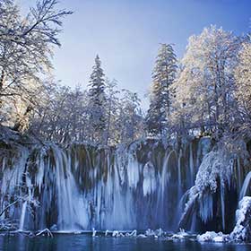 Plitvice national park in winter with a sprinkling of snow