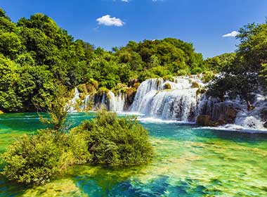 The cascading waterfalls in Krka National Park and popular swimming spot