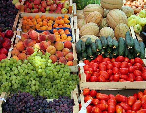 a fruit and vegetable stall in Croatia showing a variety of colourful fruits