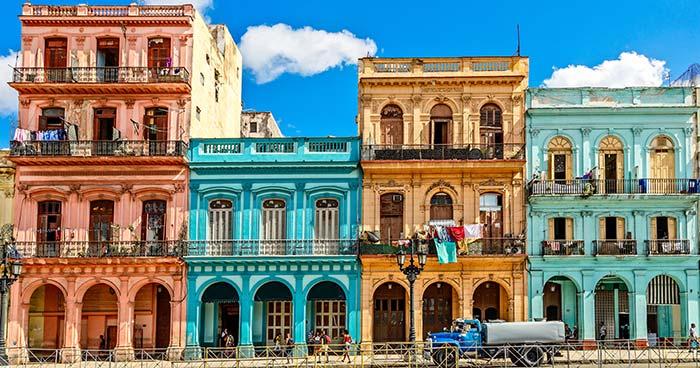 Havana, Cuba colourful buildings lining the malecon famous strip in havana capital of cuba