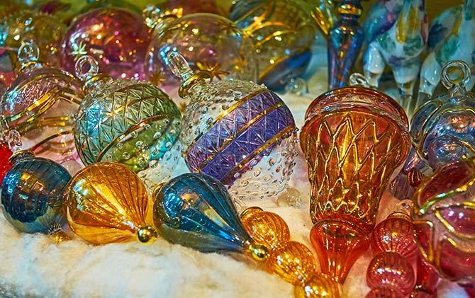 Coptic Christmas selection of colourful glass christmas baubles and decorations for coptic christmas