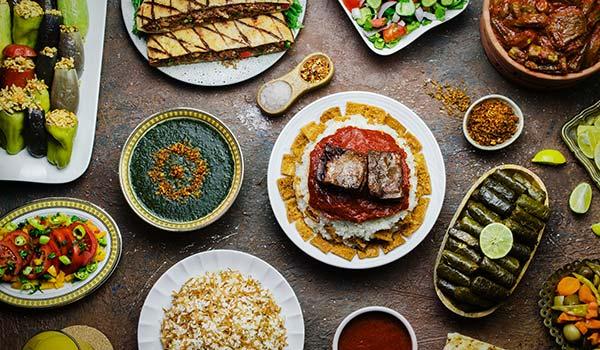 Traditional Arabic lunch in Egypt typical table lunch spread of arabic egyptian food