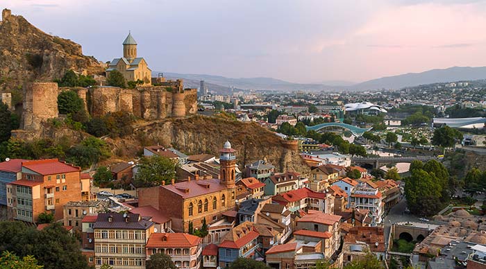 View of church monestary on the hill overlooking tbilisi georgia