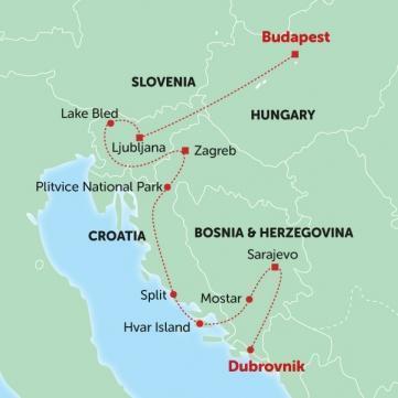 Image of map showing Tucan Travel's Dubrovnik to Budapest small group tour