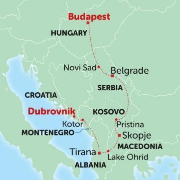 Map showing Budapest to Dubrovnik small group tour