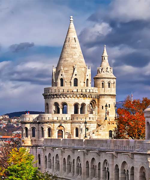 View of the Fishermans Bastion at sunset in Budapest