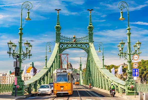 Travelling in Budapest by tram image showing Liberty Bridge in Budapest with cars and the tram