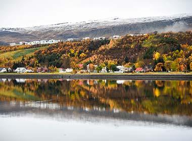 capital city of the north of iceland akureyri with houses and forest along a lake and white sky
