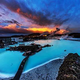 The Blue Lagoon, Iceland red stormy sky over the blue lagoon hot spring in iceland