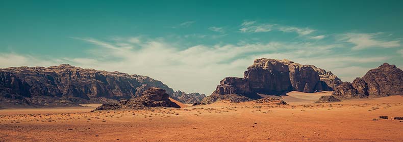 desert valley and rock formations of desert in jordan wadi rum