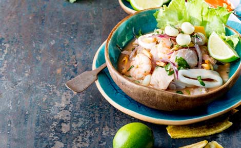 A bowl of ceviche, a fresh seafood speciality in Peru A bowl of ceviche