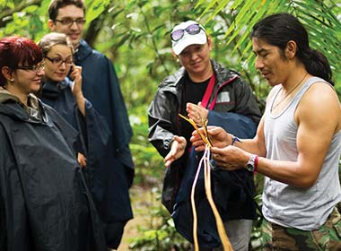 Travel group discover an adventure in Peru's Amazon Jungle tour guide shows tourists through the amazon jungle national park wildlife rainforest for a unique vacation