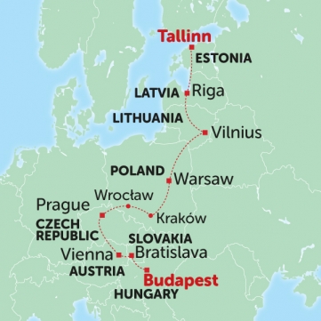 Map showing a group tour to Krakow