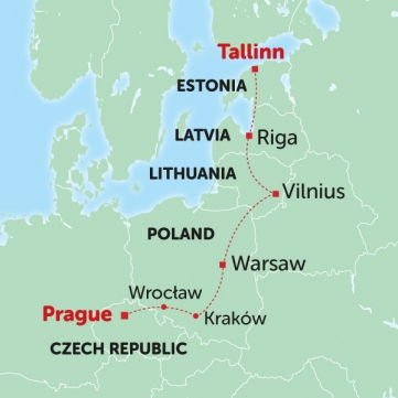 map showing a group tour of Europe and Krakow