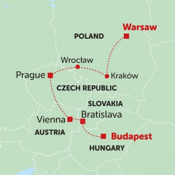 map showing the Tucan Travel tour Central Europe Highlights which visits Krakow