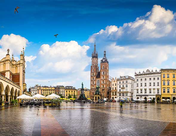 Krakow's Main Square Image showing the main square in Krakow with the cloth hall