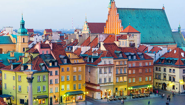 Warsaw, Poland colourful buildings and lit streets of warsaw capital city of poland