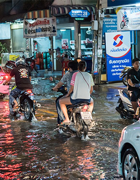 The streets of Bangkok during heavy rainfall in rainy season Flooded streets of Bangkok during monsoon season in Thailand