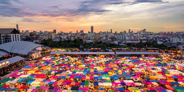 An aerial view of Chatuchak Market in Bangkok, the biggest market in Thailand Holiday tours visit many markets and stall for tourist to experieicne the food and culture in Thailand