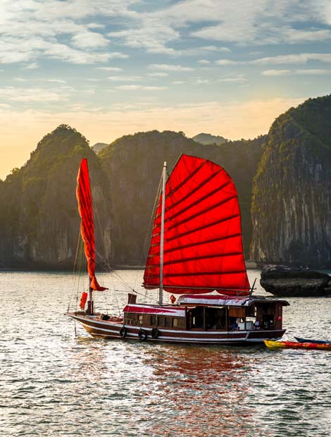 Travel group onboard a junk boat in Halong Bay adventure group tour on holiday in Halong Bay, Vietnam