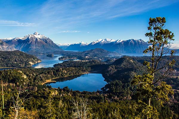 mountains and green jungles surrounding lakes in Nahuel huapi national park in argentina