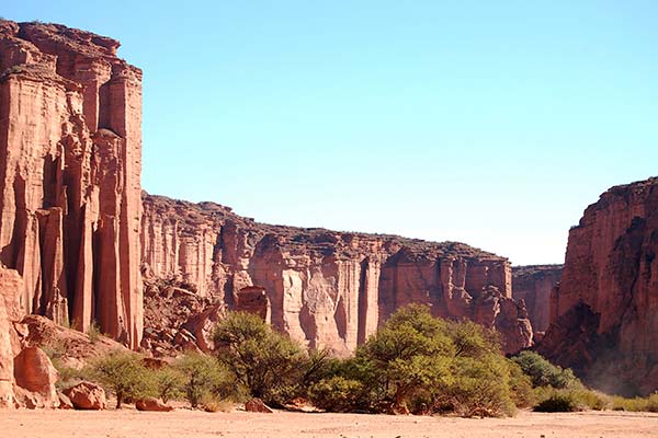 Talampaya National Park, Argentina high red sandstone rock and red desert