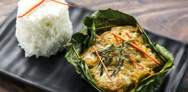 Khmer fish amok served with steamed rice