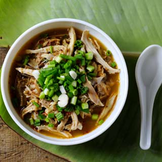Chicken and banana blossom salad Chickeen and banana blossom salad is a popular dish and commonnly eaten on a hot day